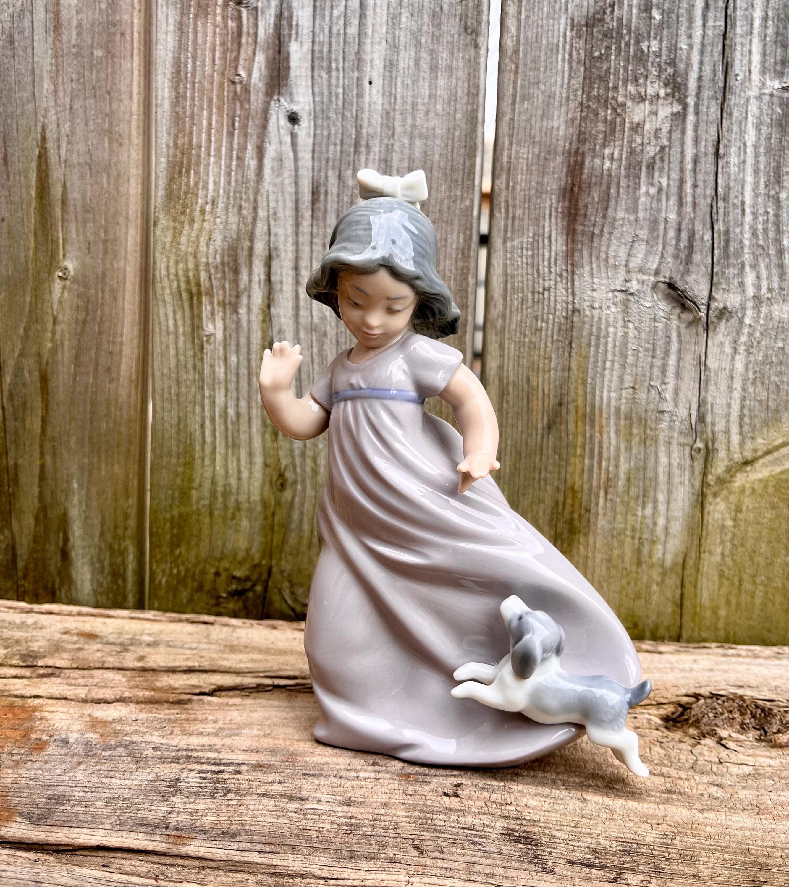 Lladro Nao Porcelain Figurine of Dancing Girl With Playful Puppy