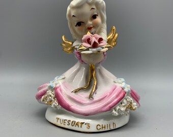 L’Amour China Tuesday’s Child Pink and Gold Angel Girl in Pretty Dress with Flowers and white ringlets - handpainted in Japan