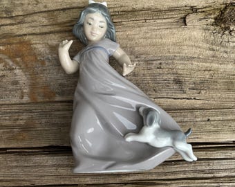 Lladro Nao Porcelain Figurine of Dancing Girl With Playful Puppy