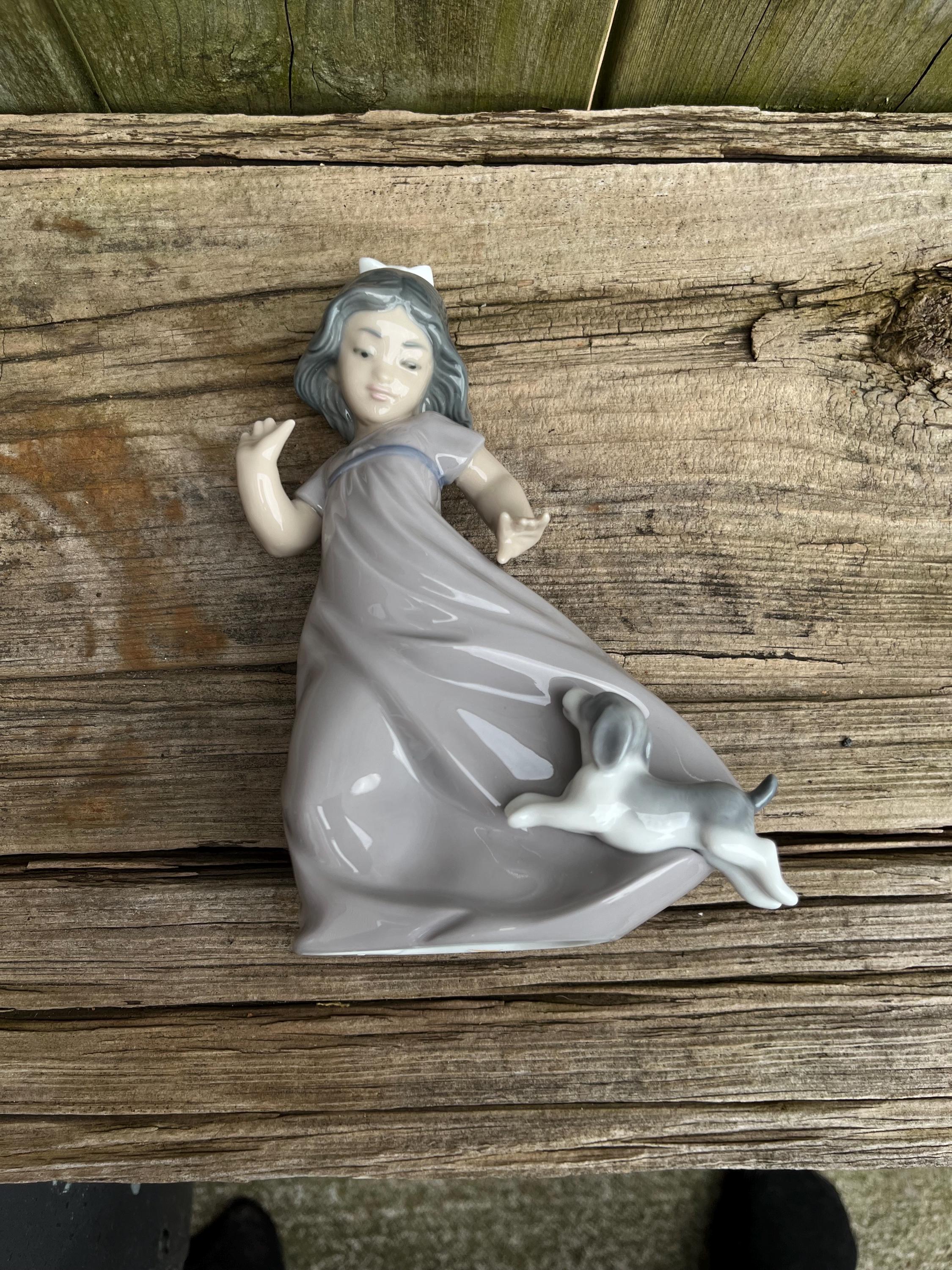 Lladro Nao Porcelain Figurine of Dancing Girl With Playful Puppy