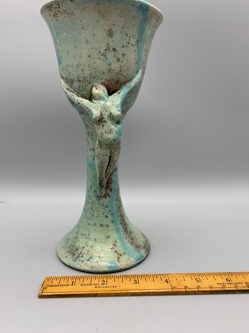 Art Pottery Goddess Goblet, Nude Figure of Pregnant Woman on the Stem