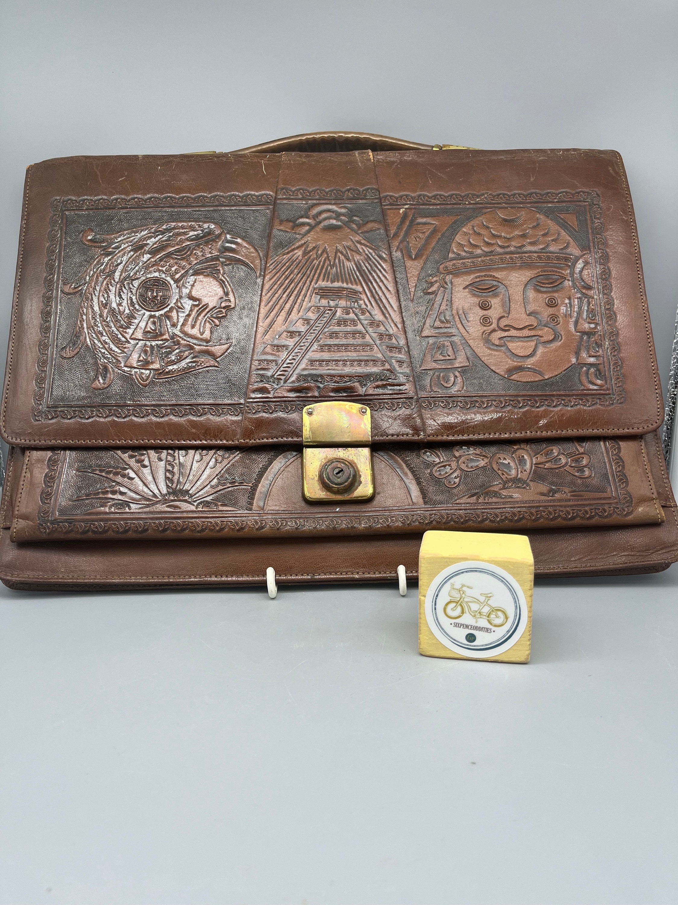 Handtooled Leather Vintage Briefcase Mexican Souvenir, Cultural Artwork,  Aztec Calendar, Warrior, Laptop Size, Handled Bag