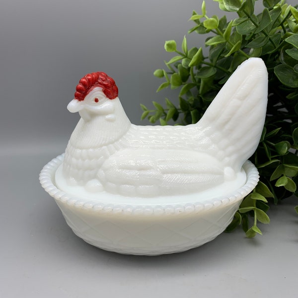 Milk Glass Hen on Nest Candy Dish HON, Red Painted Details, Vintage Serving Dish, Grandma’s House, Granny Decor, Traditional
