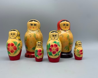 Two Sets of Russian Nesting Dolls - Matryoshka Babushka Trio Doll - 2 sets of 3 for a total of 6 dolls - vintage 1960s made in Russia