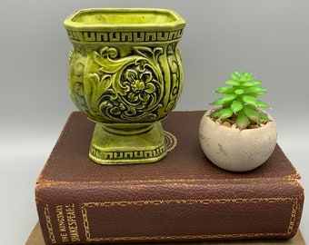 Vintage Rubens Green Vase Planter - Floral with Asian Man Philosopher Scribe- mould #2346 Japan - Bright Chartreuse Flowerpot Relief