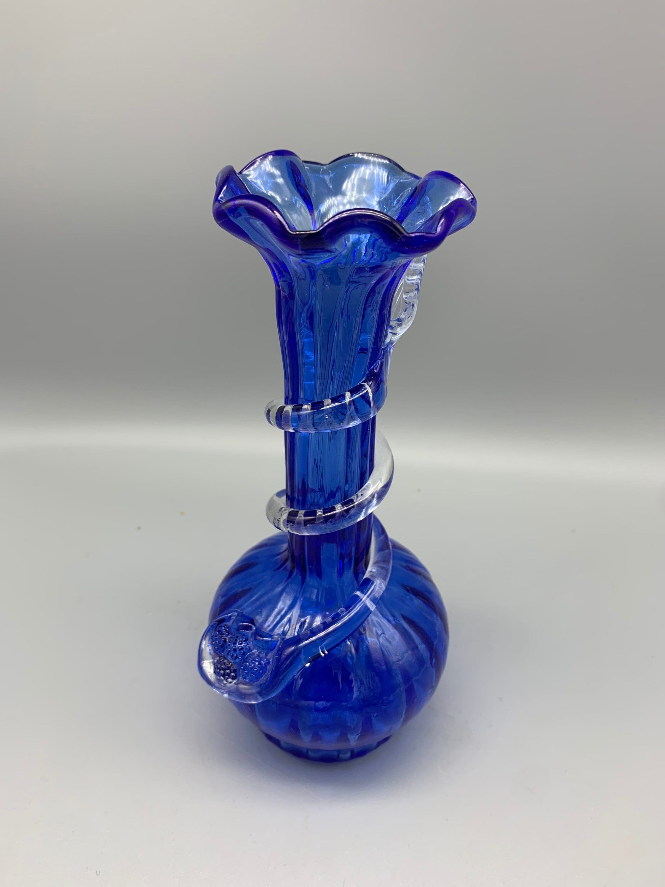 Art Glass Ribbed Vase With Berry Detail and Vine and Leaf Etsy