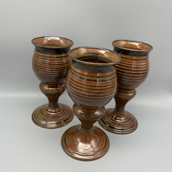 Art Pottery Wine Goblet Trio in Earthy Brown and Black Glaze.  Clay Footed Wine Glasses.  A Pair and a Spare set of Three Drinkware
