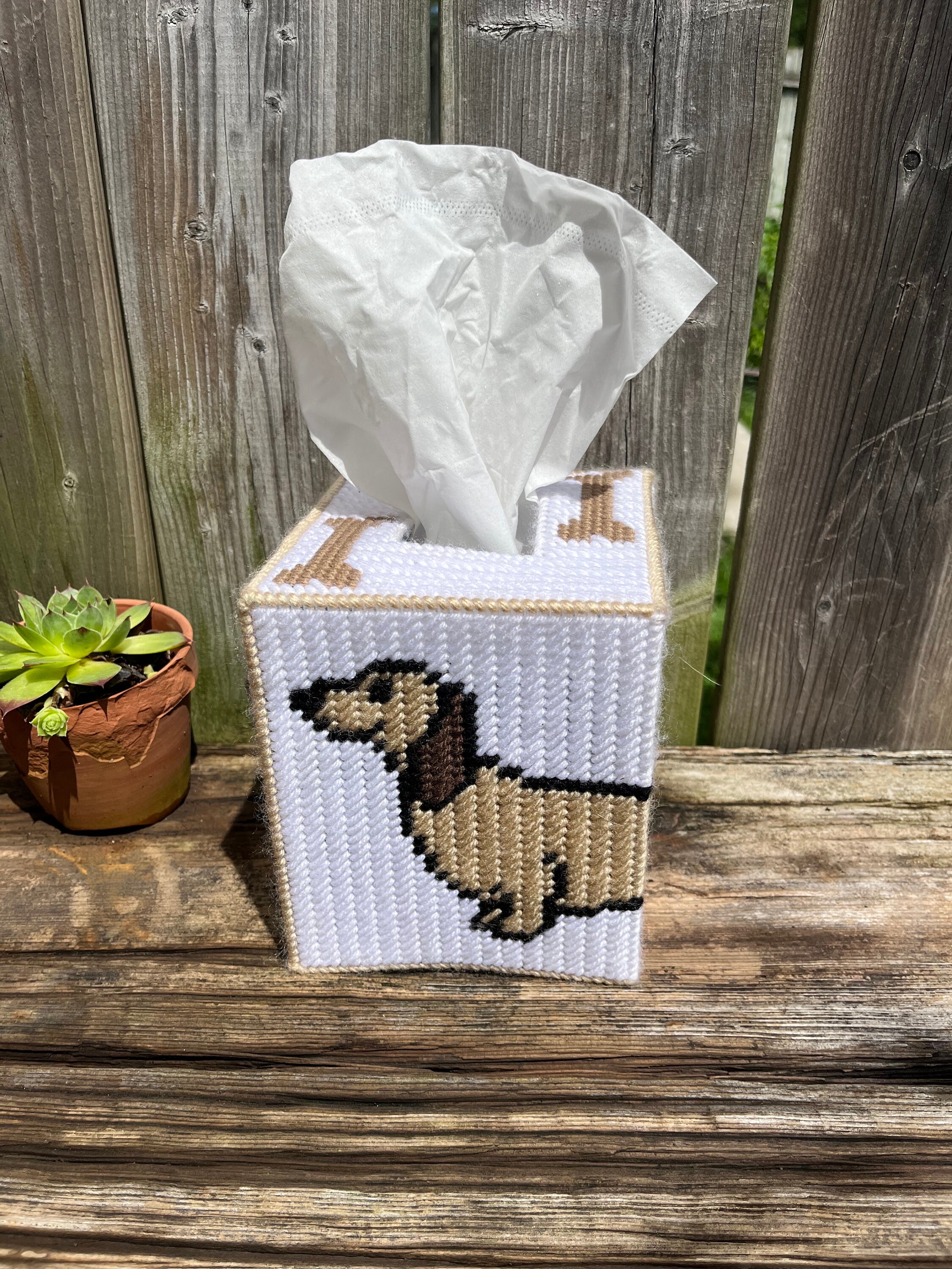 Dachshund Tissue Box Holder, Wiener Dog Plastic Canvas Yarn