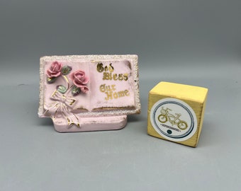 Fioriera tascabile da parete vintage con rose rosa, Made in Japan, ESD, un regalo esclusivo per l'inaugurazione della casa "God Bless our House", addio al nubilato