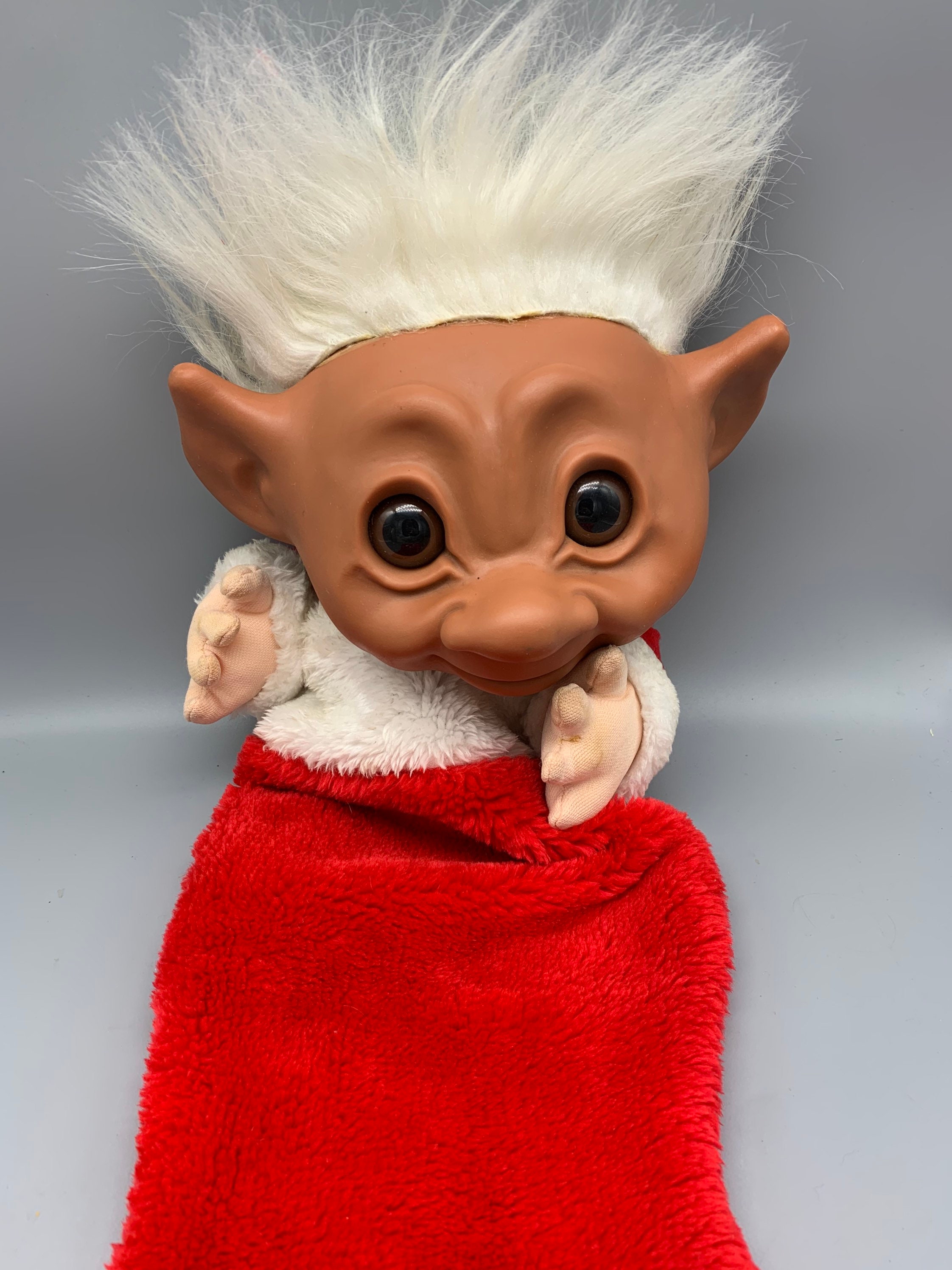 Troll Doll Christmas Stocking red Plush With White Hair Smiling Rubber Head  and Red Stocking With Hands Grasping, Vintage Trolls DAM 