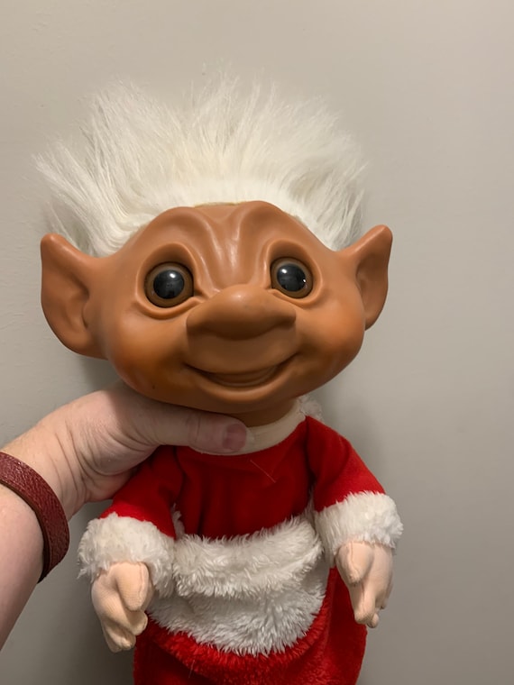 Troll Doll Christmas Stocking red Plush With White Hair Smiling Rubber Head  and Red Stocking With Hands Grasping, Vintage Trolls DAM 