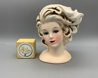 Napco Vintage Lady Head Vase Flow White Hair Woman ESD Japan Handpainted, MR233, Blue Eyed, Red Lipstick, Bouffant Hairstyle, Mid Century