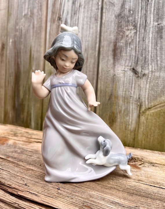Lladro Nao Porcelain Figurine of Dancing Girl With Playful Puppy