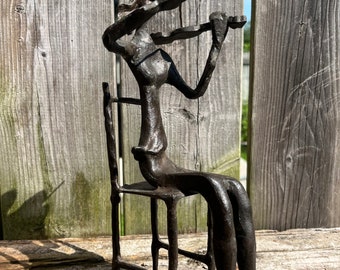 Bronze Brutalist Sculpture of a Seated Female Violinist, Hand Crafted, Woman in Chair with raised violin and bow- Heavy 9.25”