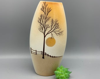 Raymond Phaneuf Pottery Vase - vintage handpainted Canadian artist- Winter Scene with Moon and tree silhouette- white and brown and tan