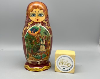 Russian Nesting Dolls Set of Seven, Matryoshka Dolls, Large to Small, Red and Green, Russian Fairy Tales,  Mythology Phoenix, 7” down to 1”