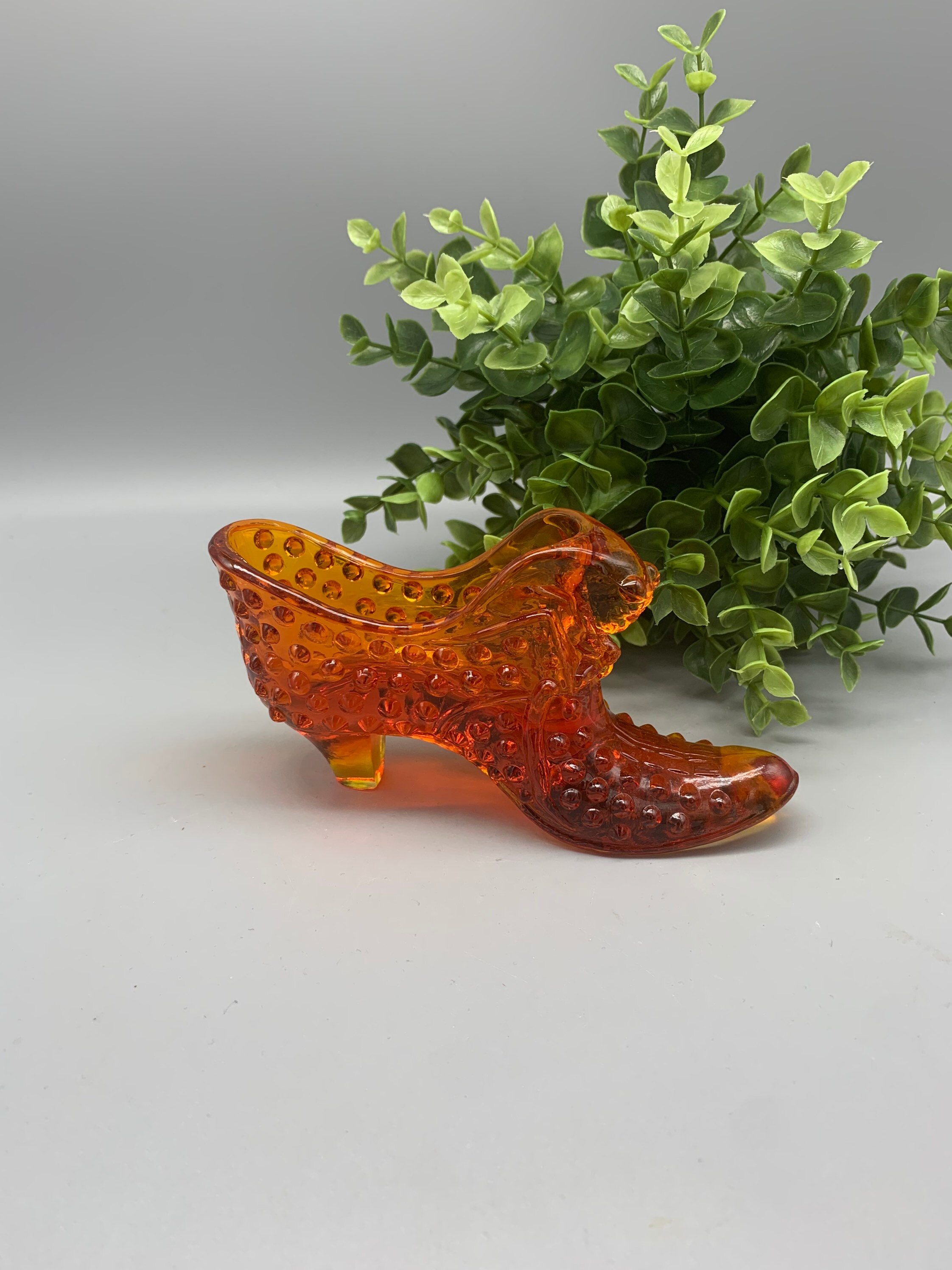 Fenton Amberina Hobnail Shoe With Cat Head - Orange Glass High 
