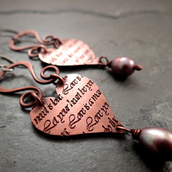 Sweet Nothings Copper Heart and Wirework Earrings with Pearls and Sterling Silver Ear Wires -- One of a Kind