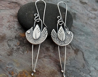 Long Leg Sparrow Earrings // hand forged sterling silver bird // metalsmith artisan earrings (7032)