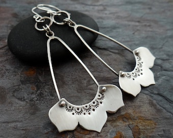 Long Lotus Flower Dangle Earrings || hand forged sterling silver || metalsmith artisan jewelry (6411)