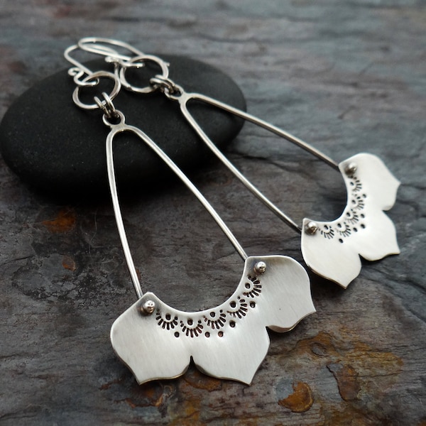 Long Lotus Flower Dangle Earrings || hand forged sterling silver || metalsmith artisan jewelry (6411)
