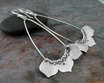 Long Lotus Flower Dangle Earrings II || hand forged sterling silver || metalsmith artisan jewelry (6411)