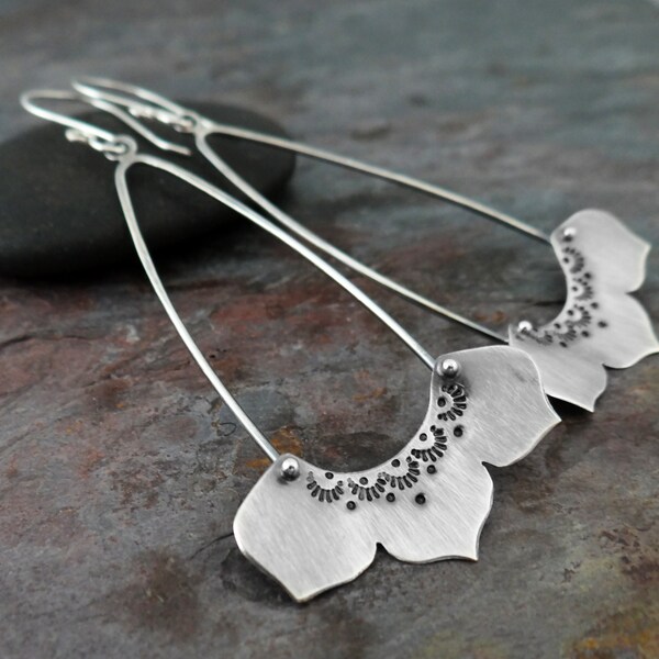 Long Lotus Flower Dangle Earrings II || hand forged sterling silver || metalsmith artisan jewelry (6411)