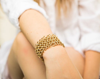 Wide Gold Chainmail Bracelet, Gold Mesh Cuff, Chainmaille Bracelet, Statement Jewelry