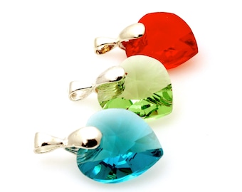 3 PCS Swarovski 18mm Heart Pendants (#6228) with Silver Filled 15mm Pinch Bails - Colors: Blue Zircon, Light Siam, Peridot