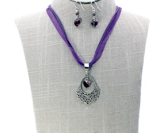 Swarovski Amethyst Crystal Hearts and Antique Silver Filigree Pendant Necklace and Earrings Set 16"