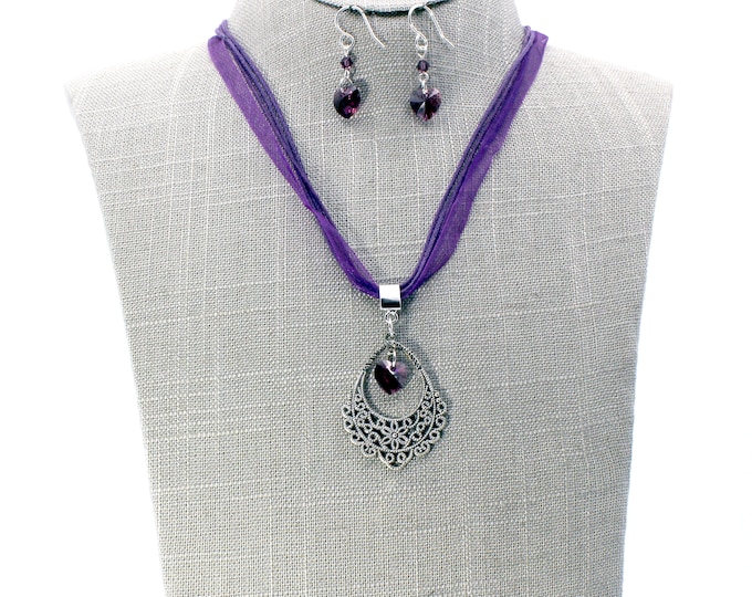 Swarovski Amethyst Crystal Hearts and Antique Silver Filigree Pendant Necklace and Earrings Set 16"