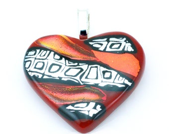 Handcrafted Fused Dichroic Red with Silver and Black Art Glass Heart Pendant 30x35mm