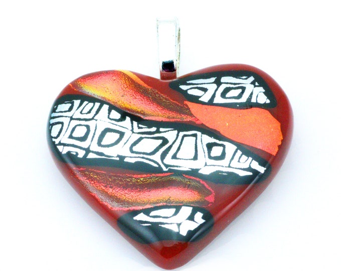 Handcrafted Fused Dichroic Red with Silver and Black Art Glass Heart Pendant 30x35mm