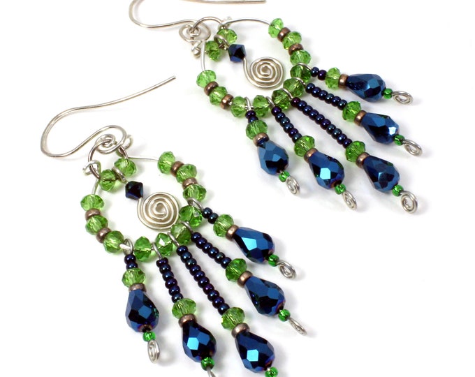Handcrafted Swarovski Crystal Blue and Green Chandelier Hippie Earrings