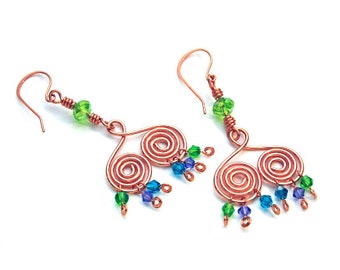 Handcrafted Copper Chandelier Hippie Earrings with Swarovski Crystals - 3"