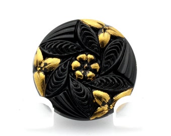 Vintage-Style Button Czech Glass and Brass Black and Gold with Flower Design - 27mm