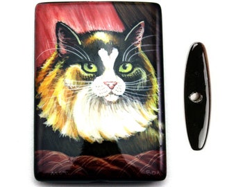 Long Hair Multi-Colored Tabby Cat Hand Painted on a Black Rectangular Agate Quartz Bead - 25mm x 35mm
