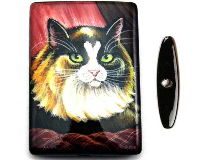 Long Hair Multi-Colored Tabby Cat Hand Painted on a Black Rectangular Agate Quartz Bead - 25mm x 35mm