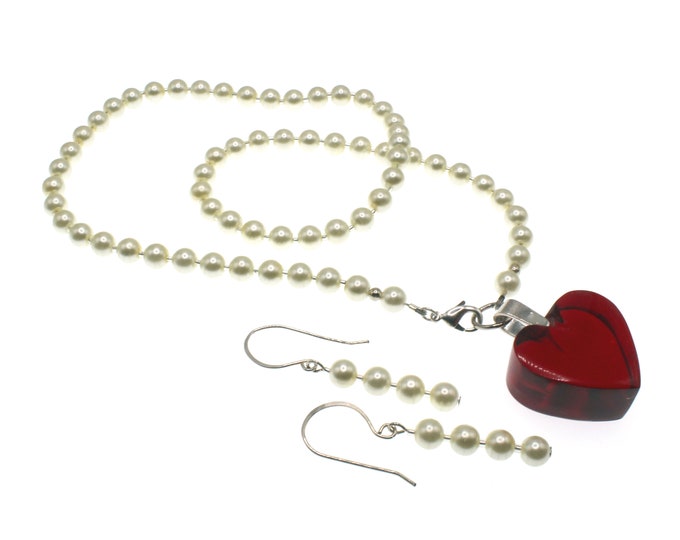 Handcrafted Swarovski Pearl and Acrylic Heart Pendant 18" Necklace and Matching Earrings