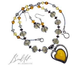 Hand-Crafted Heart Pendant and Swarovski Smoky Quartz Crystal Necklace and Earrings 18"