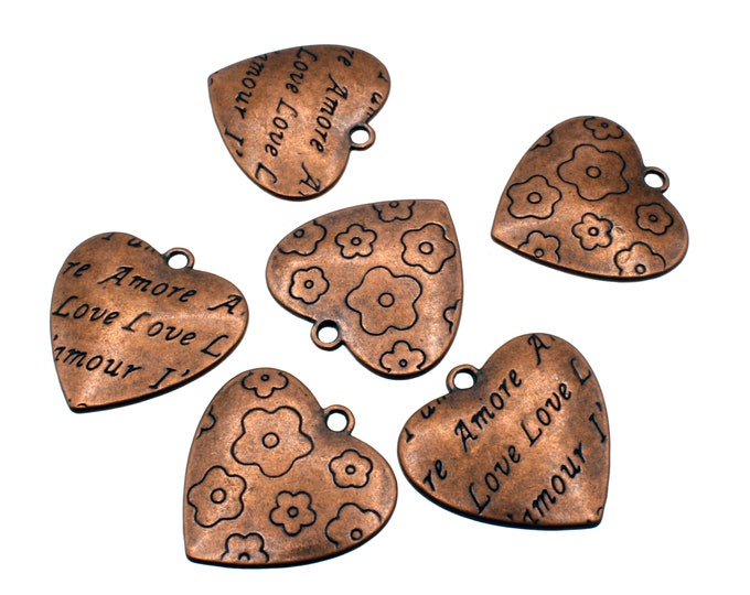 Copper Amore Love and Flowers Heart Charms/Pendants 28x25mm - 6 pcs