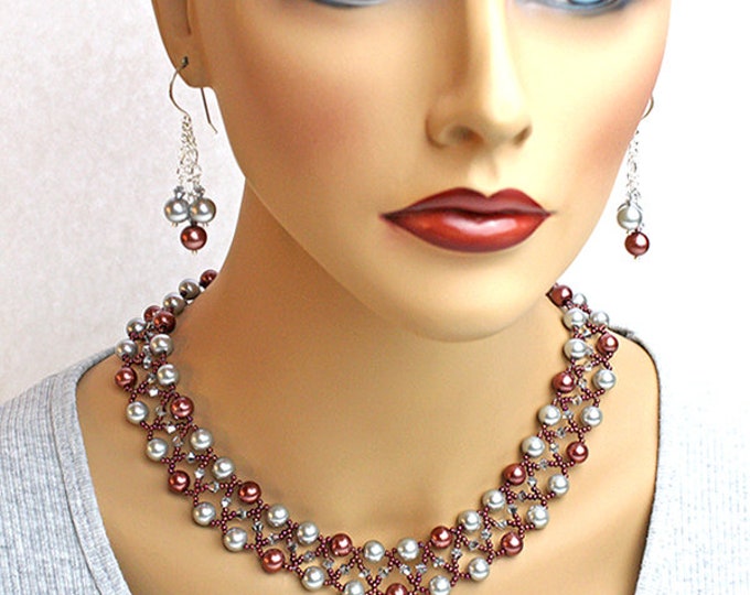 Hand Beaded Swarovski Crystals and Pearls Necklace & Earrings Set