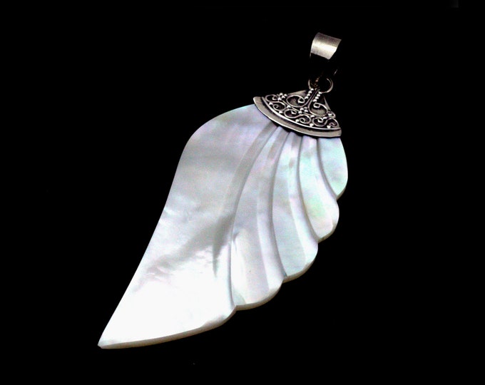 Handcrafted Art Deco Mother of Pearl Leaf Pendant with Sterling Silver Filigree Bail