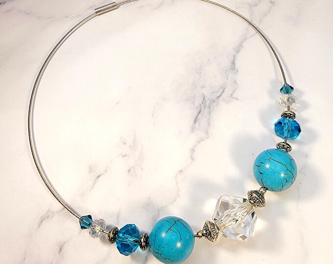 Handcrafted Turquoise, Silver and Crystal Wire Choker with Slide-In Magnetic Clasp 16"