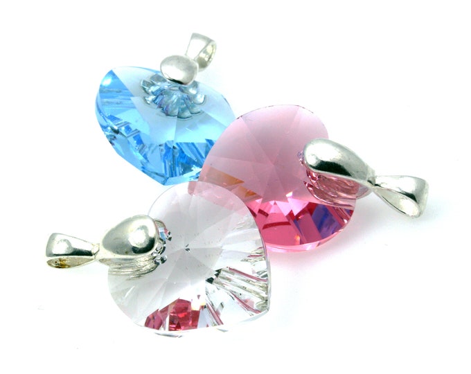 3 PCS Swarovski 18mm Heart Pendants (#6228) with Silver Filled 15mm Pinch Bails - Colors: Aquamarine, Rose, Crystal Clear