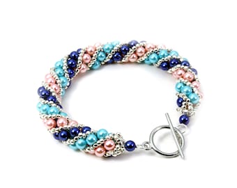 Hand Beaded Pastel Spiral Faux Pearl Bracelet Sizes: 7" - 7.5" - 9"
