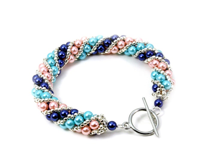 Hand Beaded Pastel Spiral Faux Pearl Bracelet Sizes: 7" - 7.5" - 9"