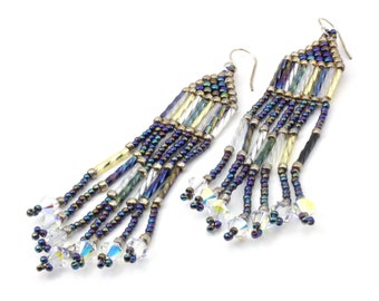 Handcrafted Long Beaded Hippie Style Fringed Earrings with Swarovski Crystals - 4"
