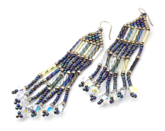 Handcrafted Long Beaded Hippie Style Fringed Earrings with Swarovski Crystals - 4"