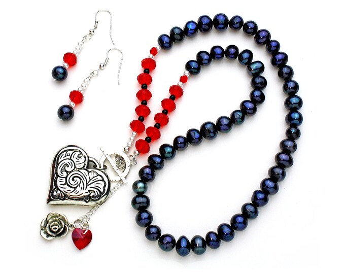 Handcrafted Swarovski Ruby Crystals Silver Plated Etched Heart Pendant and Navy Pearls Necklace and Earring Set